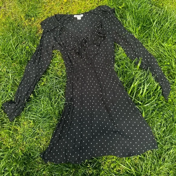 Billabong Take Away Long Sleeve Mini Dress Black w/ Polka Dots Plunge Size XS - Picture 1 of 7